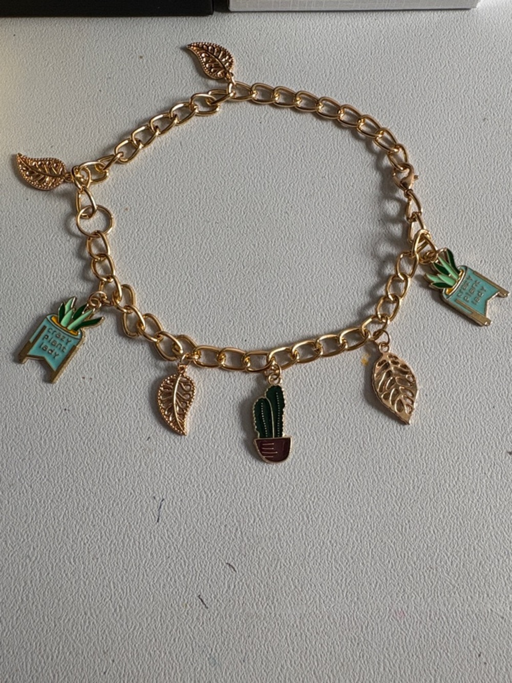 Hand Crafted Gold-Tone Bracelet with Green Enamel Cactus & Planter Charms